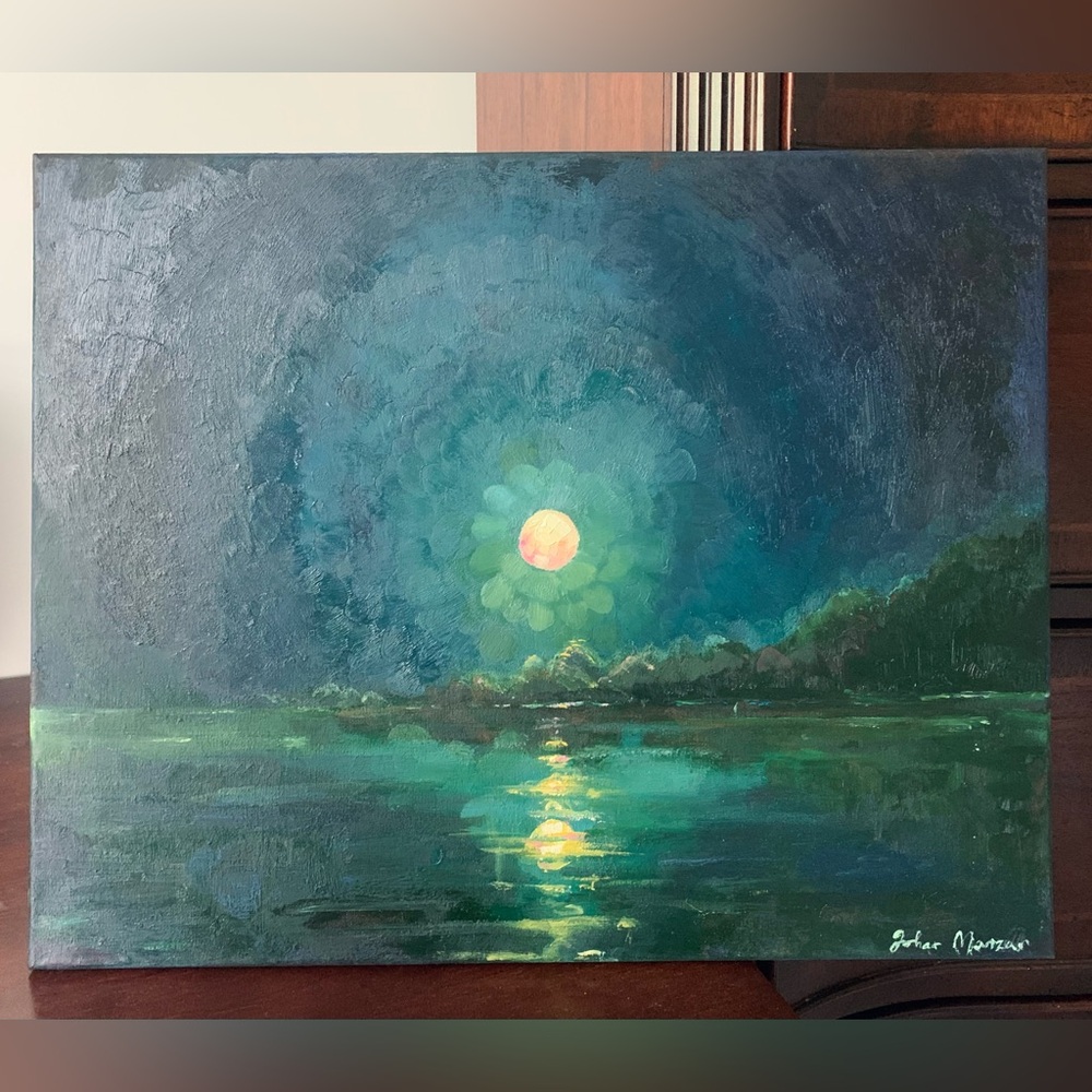 Original Oil Painting Landscape Moonlight Moon Lake Ocean Water Sea Teal Blue